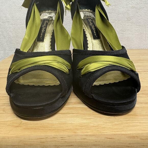 Beverly Feldman Vintage Black Satin Green Ribbon Platform Peep Toe Heels Size 7 - Picture 3 of 14